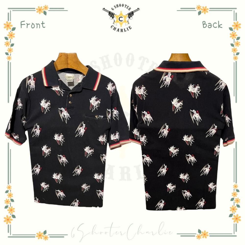 Vintage Express Rider Bullrider Design Polo Short Sleeve Shirt Men's Large Black